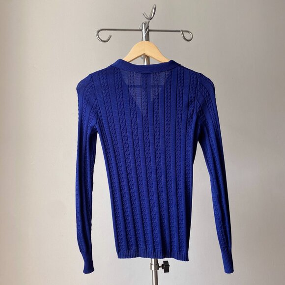 🍂 70s Vintage Royal Blue Fitted Cardigan Textured Cable Knit With Pockets - Picture 5 of 5